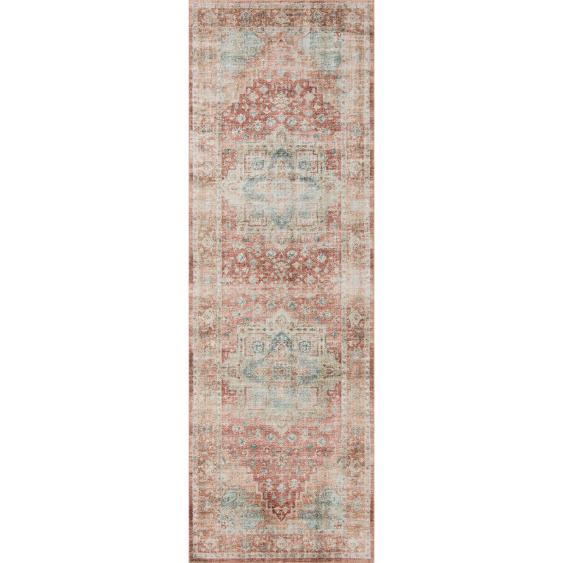 Tapis terre cuite / turquoise Jujhar, Tapis de couloir 2 pi 6 po x 9 pi 6 po