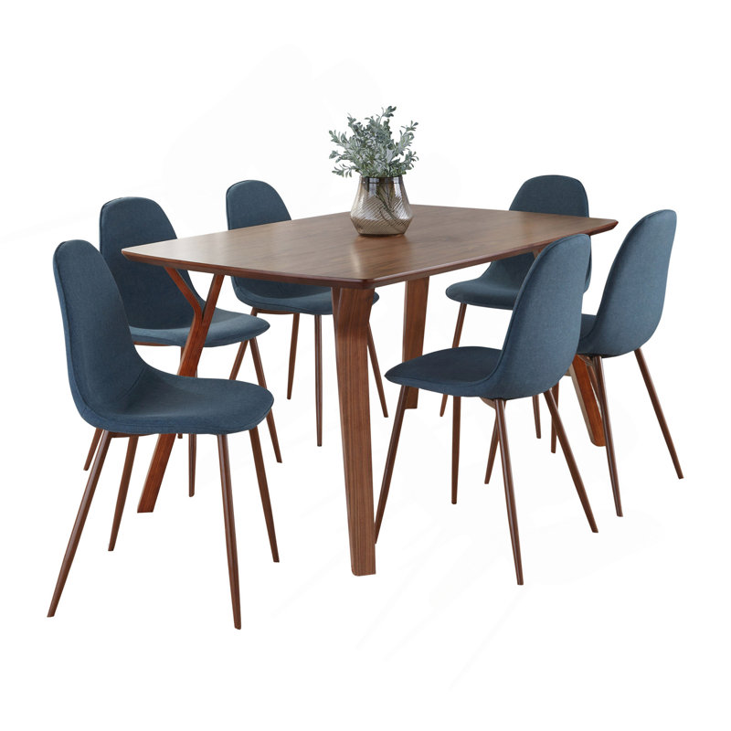 Ensemble de salle à manger Folia Pebble Mid-Century Modern en bois de noyer, métal noyer et tissu bleu par Lumisource - 7 pièces