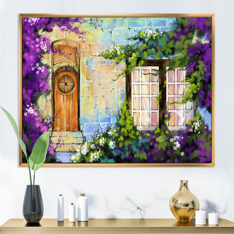 Mystery Door With Colorful Stone Wall II - peinture sur toile, Cadre flottant doré, H 12 po x l 20 po x P 1 po