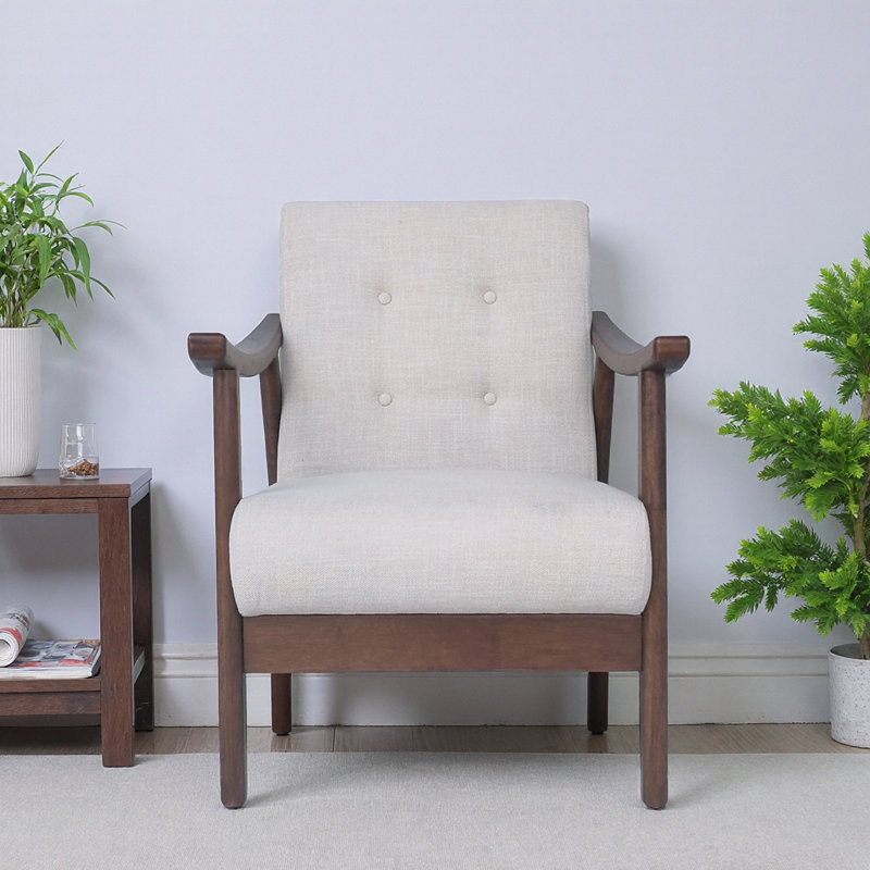 Fauteuil d'appoint Mid-Century moderne capitonné beige avec structure en noyer, Beige
