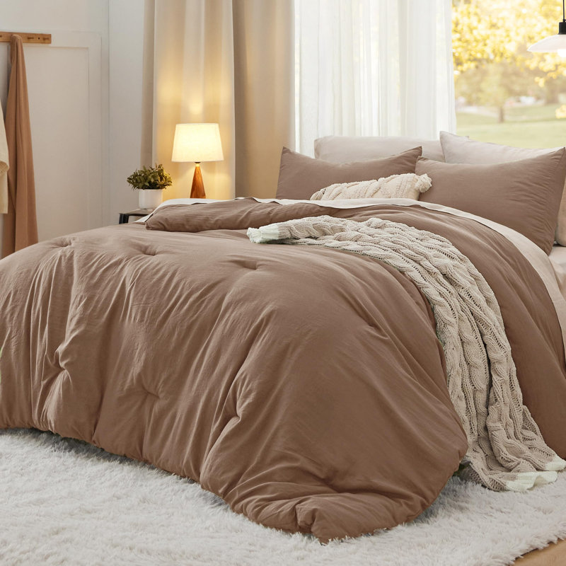 Ensemble d'édredon réversible, Édredon grand + 2 taies d'oreiller standard, Brun