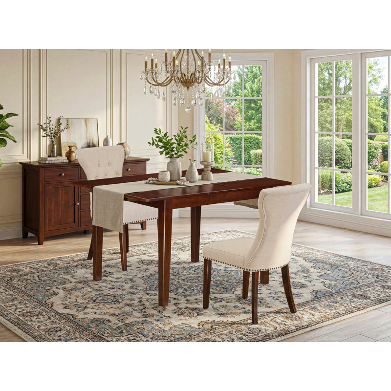 3 Piece Dining Room Table Set Contains a Rectangle Kitchen Table with Butterfly Leaf and 2 Light Beige Linen Fabric Parson Chairs, Mahogany