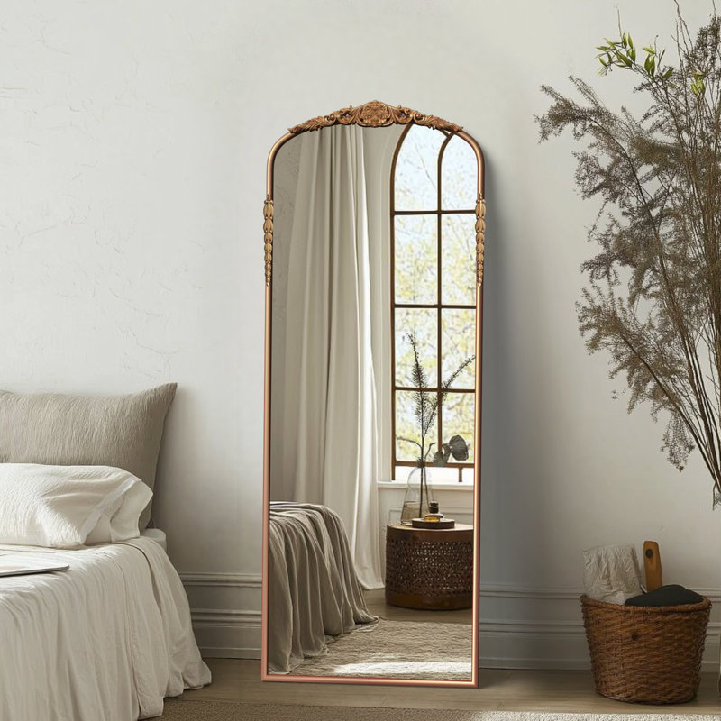 Miroir de plancher autoportant arqué orné antique pleine longueur 71 po x 30 po