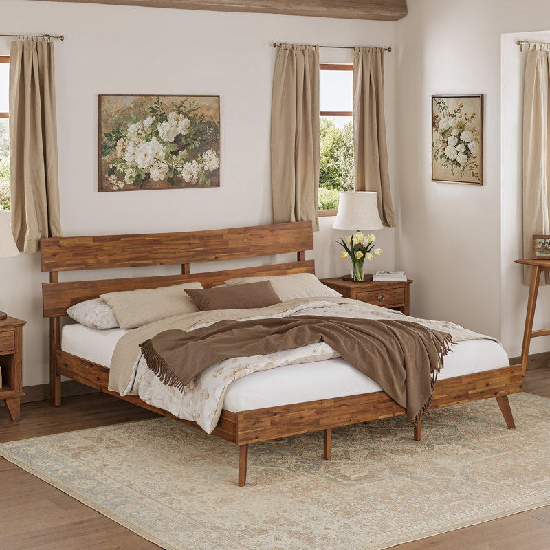Solid Wood Bed Frame With Headboard, Caramel, King