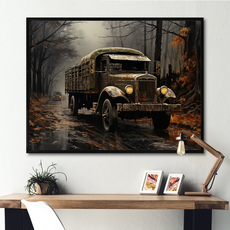 Camion de livraison brun années 30, H 12 po x l 20 po x P 1 po, Cadre flottant noir