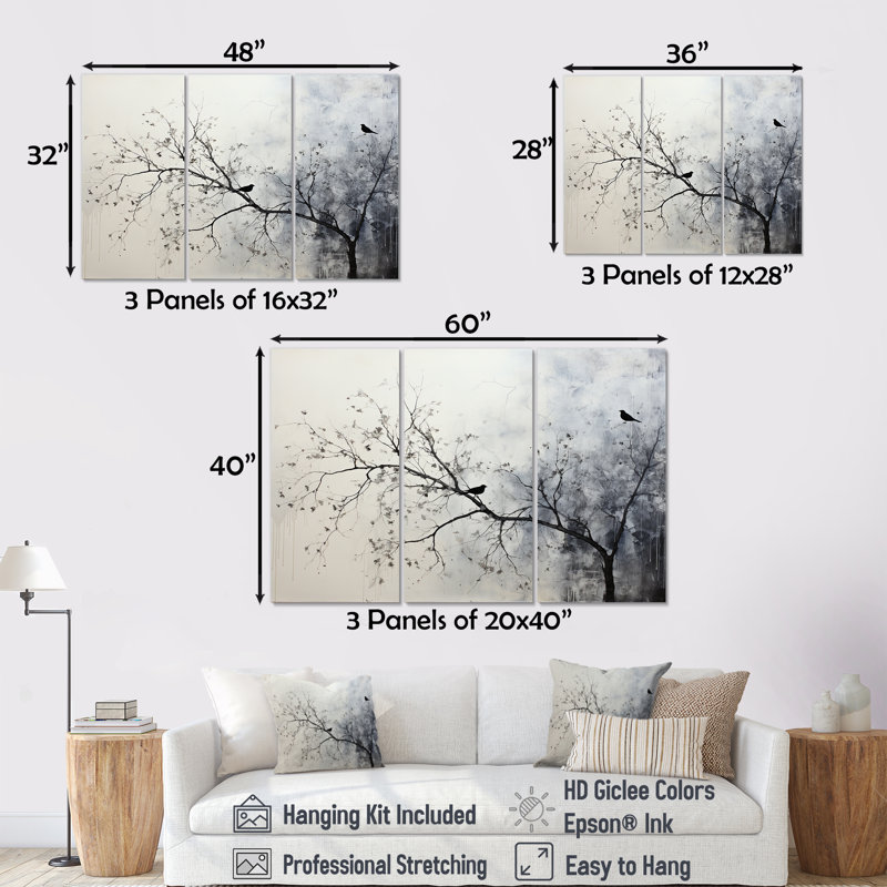Minimalisme, oiseaux monochromes sur branche II - ensemble de décoration murale arbre, H 28 po x l 36 po x P 1 po