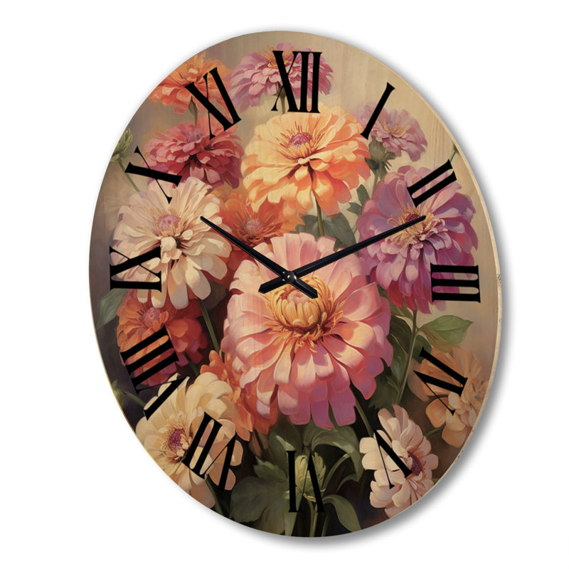 Colorful Zinnias Romantic Impression IV - Floral Oversized Wood Wall Clock, Très grand