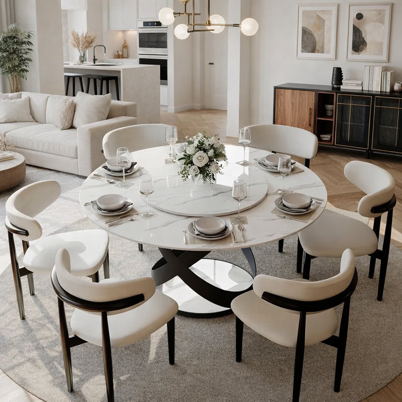  Modern Round Dining Table, Sintered Stone Tabletop with Lazy Susan, Carbon Steel Base Pre-Assembly, Glossy White/Black