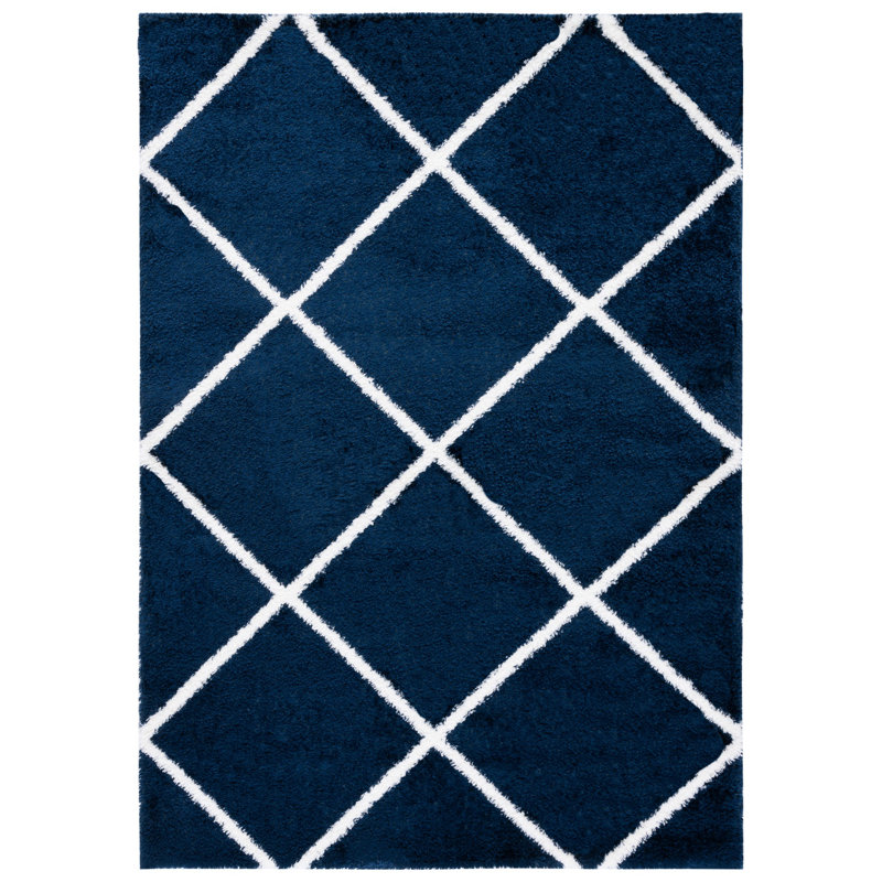 Tapis bleu marine / blanc à motif géométrique, Rectangle 4 pi x 6 pi
