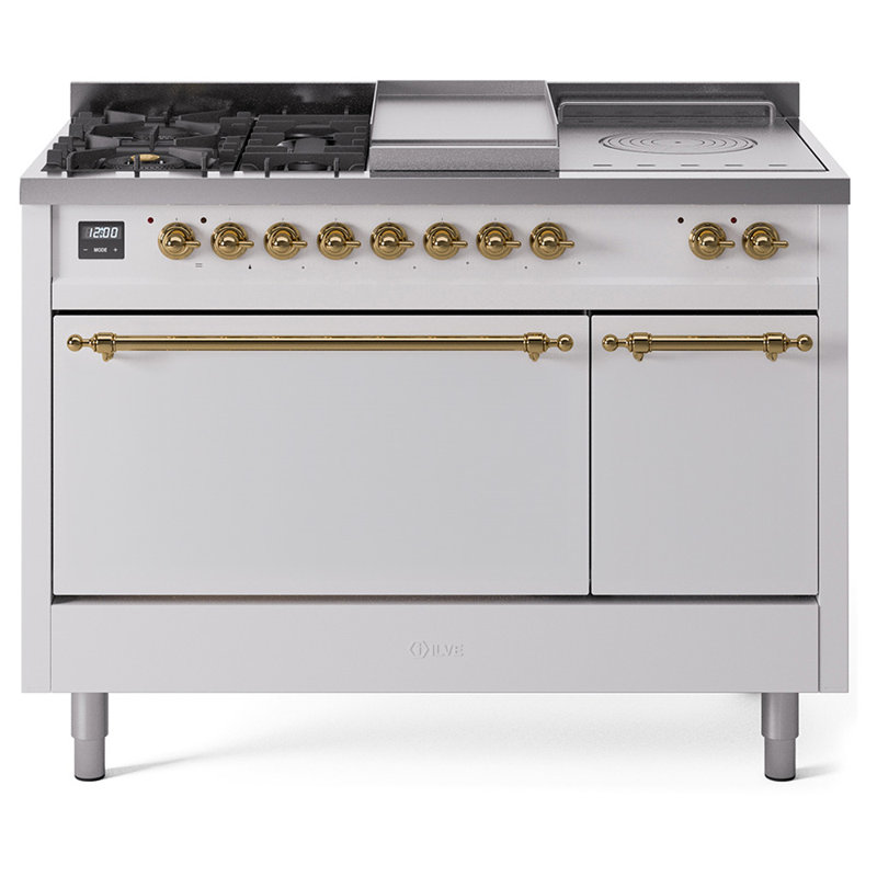 ILVE Nostalgie II 48 in Dual Fuel Range, 5 Burner, Griddle, Frenchtop, Antique White/Bronze, Natural Gas