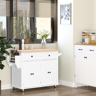 Îlot de cuisine blanc avec armoires dissimulées, porte-serviettes et plan de travail en bois d'hévéa - îlot de rangement pratique, blanc, plateau de travail fiable