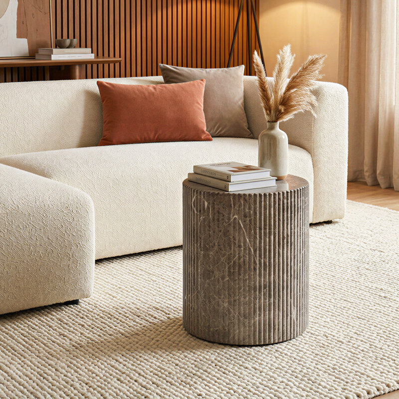 Svante Travertine Effect Weatherproof Concrete Side Table, Faux Emperador Marble