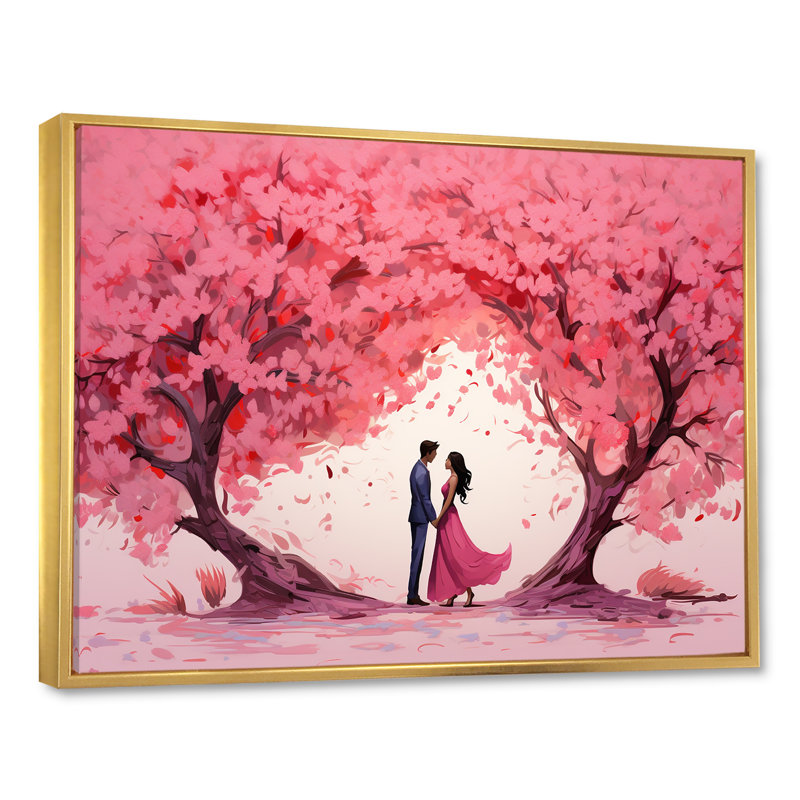 Couple Love Under The Tree II - Paysage romantique, art mural, H 34 po x l 44 po x P 1,5 po, Cadre flottant doré