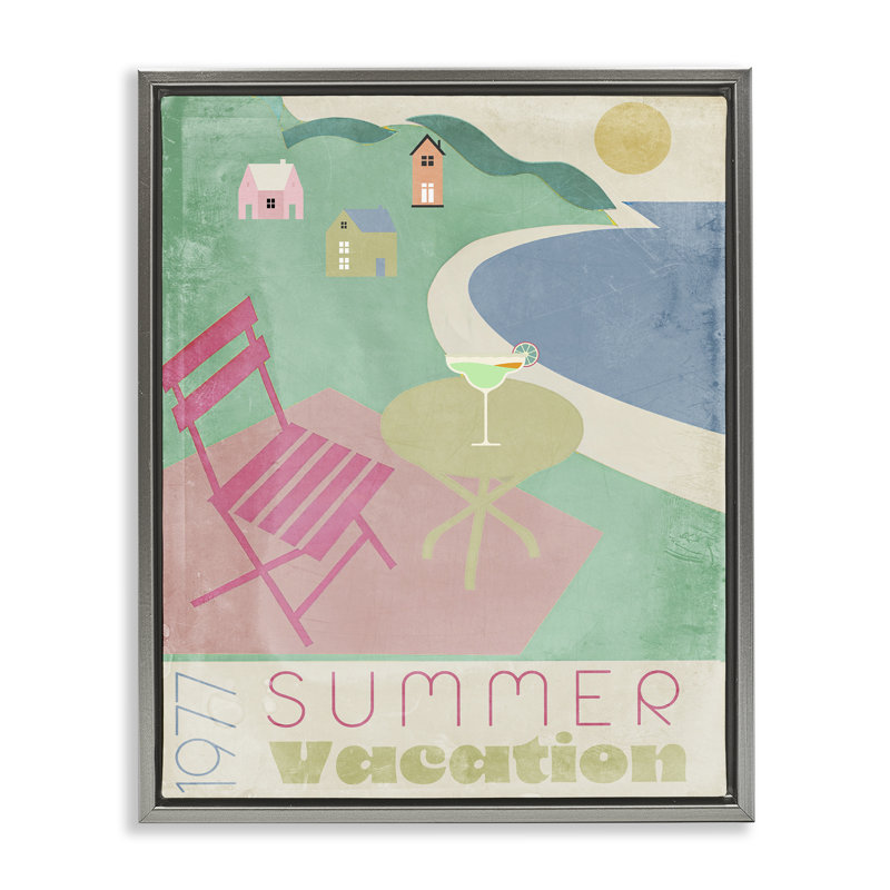 Cadre flottant rétro vacances d'été, design par Annabelle Hall, H 21 po x l 17 po, Cadre flottant gris lustré