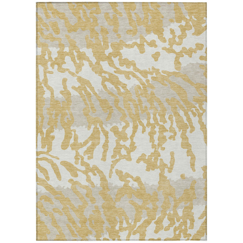 3' X 5' Gold Gray And Ivory Animal Print Washable Indoor Outdoor Area Rug