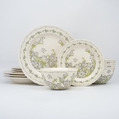 12-Piece Freesia Floral Ceramic Dinnerware Sets Service For 4, Microwave Oven Dishwasher Safe