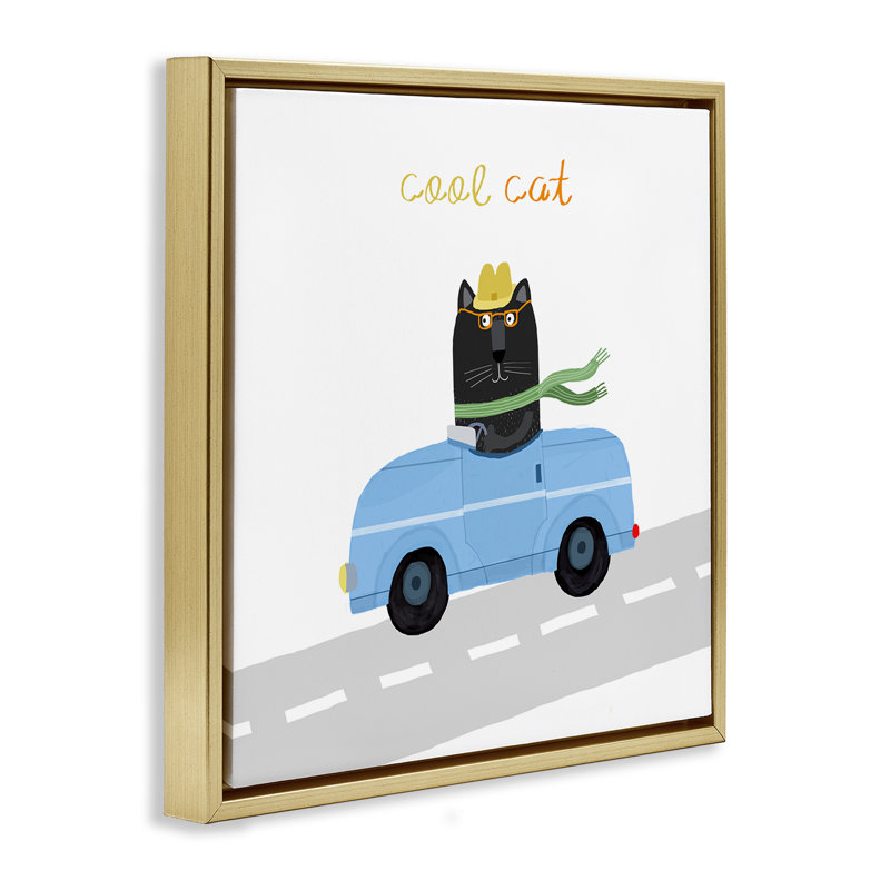 «Cool Cat in Car», encadrée par Carla Daly, H 25 po x l 25 po, Cadre flottant métallique doré