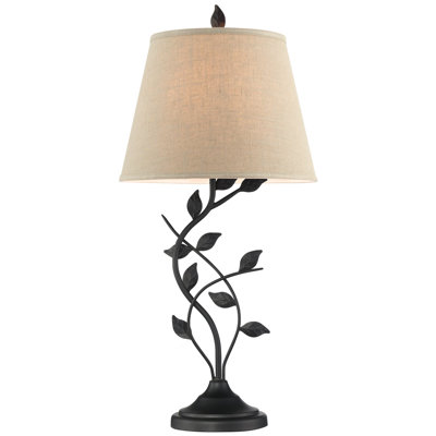 Lampe de table rustique traditionnelle Ambrocio 31 de Red Barrel Studio® + abat-jour en tissu beige, corps détaillé en forme de feuille, ampoule DEL 7 W (écoénergétique, écologique), finition noir mat