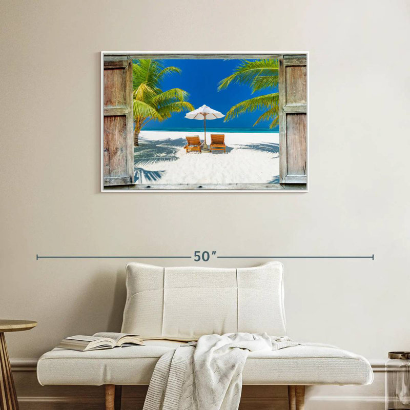 Fenêtre sur la côte des Maldives, Cadre flottant blanc, 37 po x 25 po