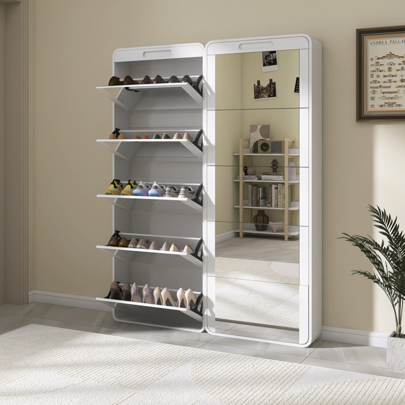 Modern Shoe Cabinet With Mirror & Arc Corner Design – Entryway & Bedroom Storage Solution