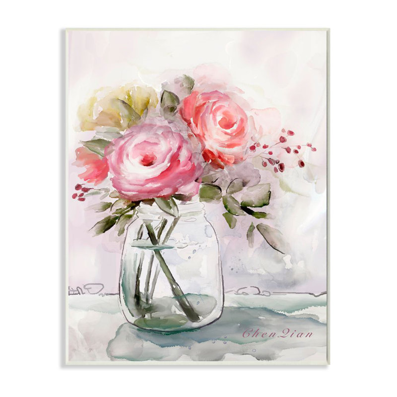 «Flower Jar Pink Green», reproduction d'art, H 13 po x l 19 po x P 0,5 po, Plaque murale