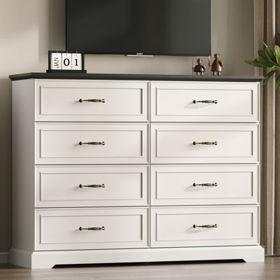 8-Drawer Farmhouse Dresser, 54" Wide Rustic Wood Chest of Drawers with Deep Drawers & Bar Handles, White TV Stand & Storage Organizer for Bedroom, Liv