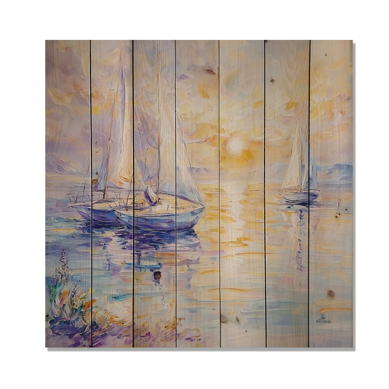 Ancre et voiliers - Bateau à voile imprimé en bois bleu sur bois de pin naturel, H 25 po x l 25 po