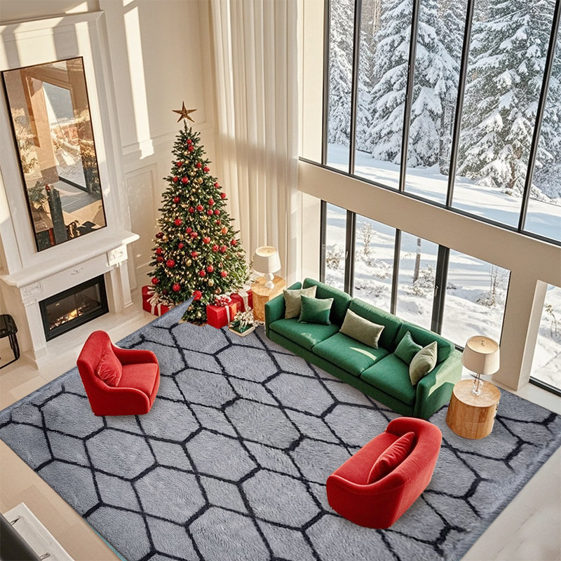 Gray & Black Hexagon Pattern Area Rug, Soft Plush Carpet for Living Room Hallway, Festive Holiday Rug for Halloween Christmas, Non-Slip Floor Mat for Home Office, Stylish Geometric Decor