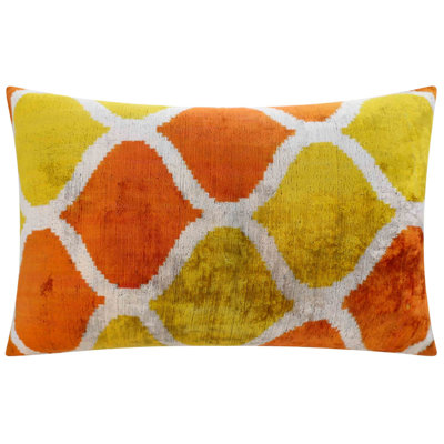 Coussin décoratif en velours de soie fait à la main automne - motif géométrique orange et jaune 16 x 24 avec insertions en duvet