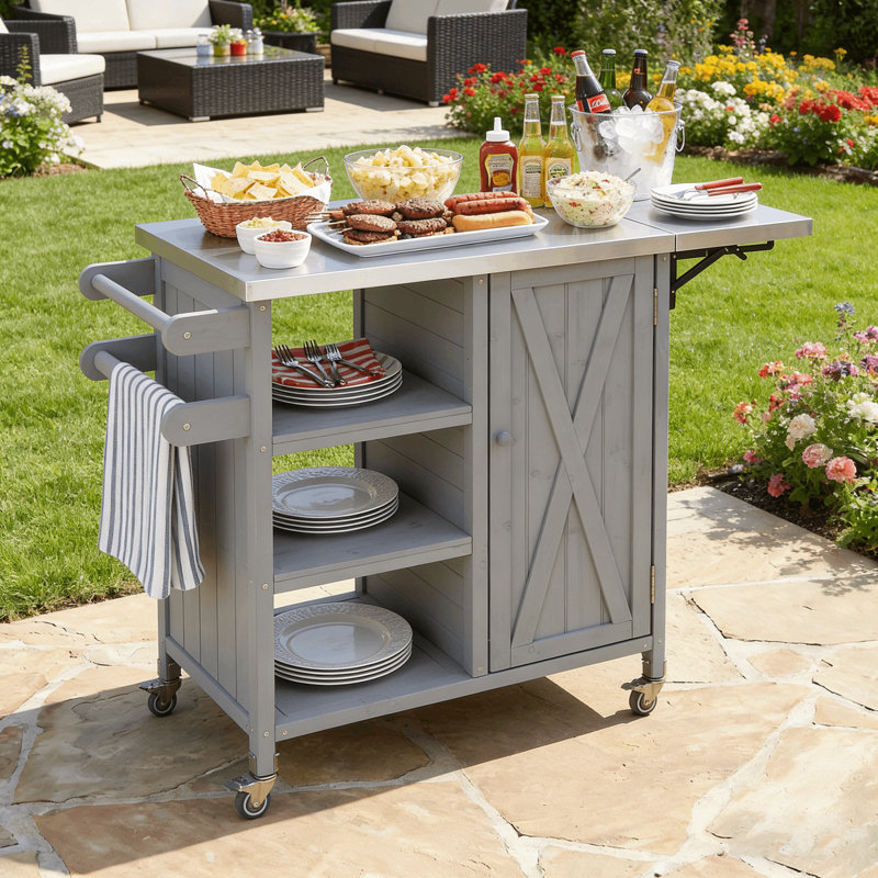 Armoire portative extérieure pour îlot de cuisine en bois massif avec abattant, tablettes de rangement et roulettes verrouillables