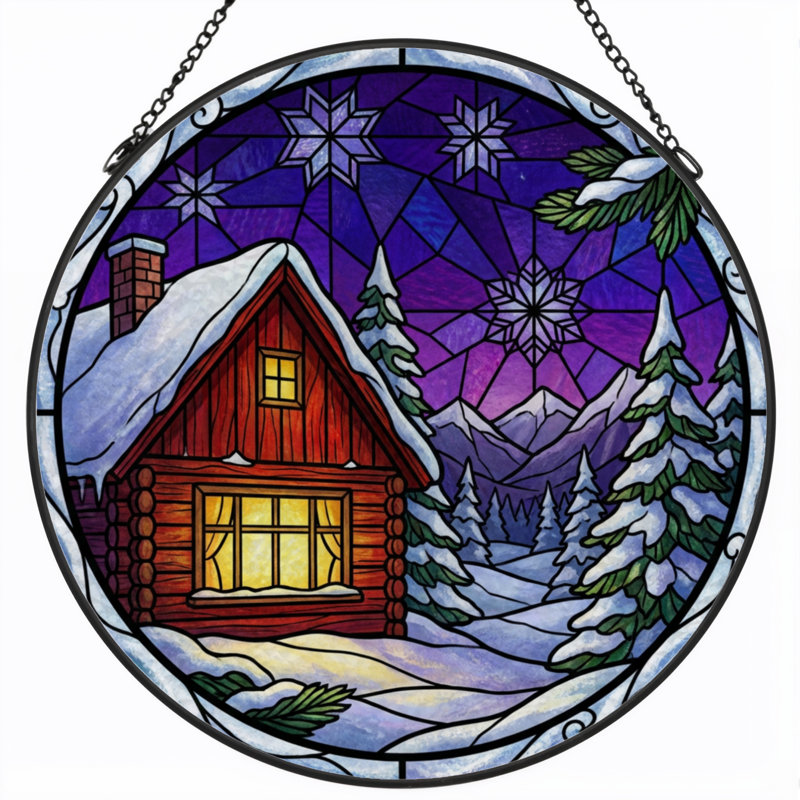 7.8"H Winter Cabin Stained Glass Window Panel, 7.8" H x 7.8" W