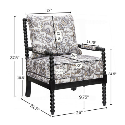 Upholstered Spool Accent Chair With Turned Wood Frame, Floral