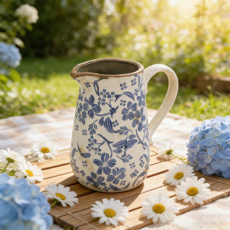 6.3X4.5X7.1" Ceramic Pitcher Vase With Handle, 7.1" H x 6.3" W x 4.5" D, White/Blue