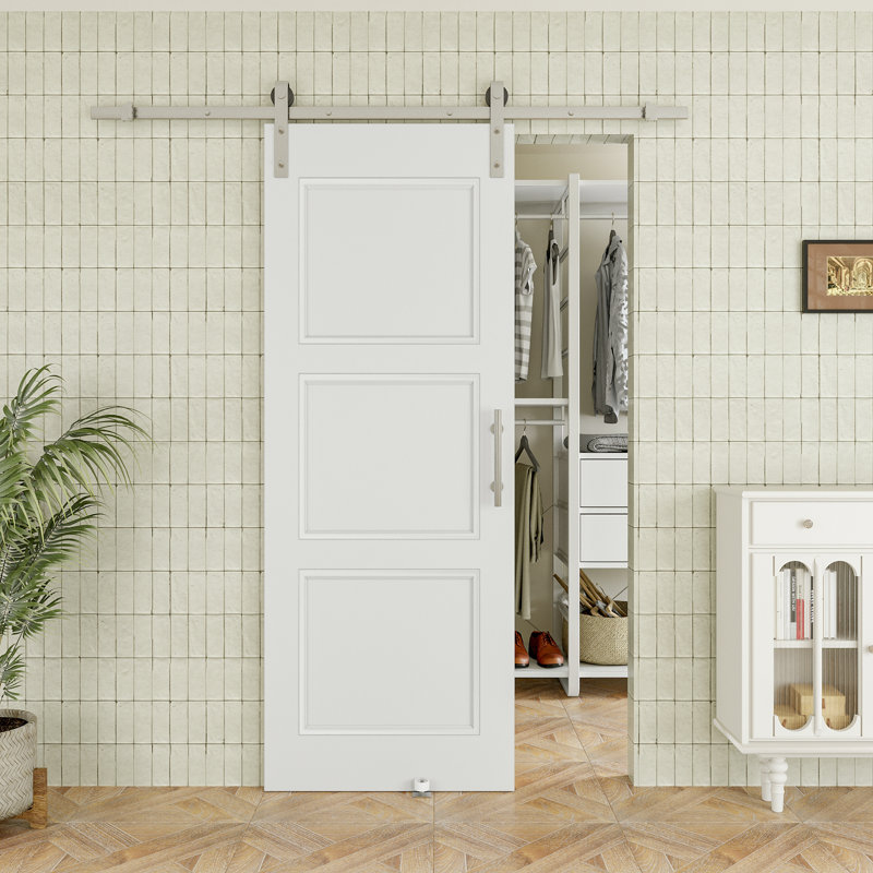 80"H 3Lite Waterproof White Primed Solid Core Composite MDF Wood Sliding Barn Door With Hardware Kit, 30" x 80"
