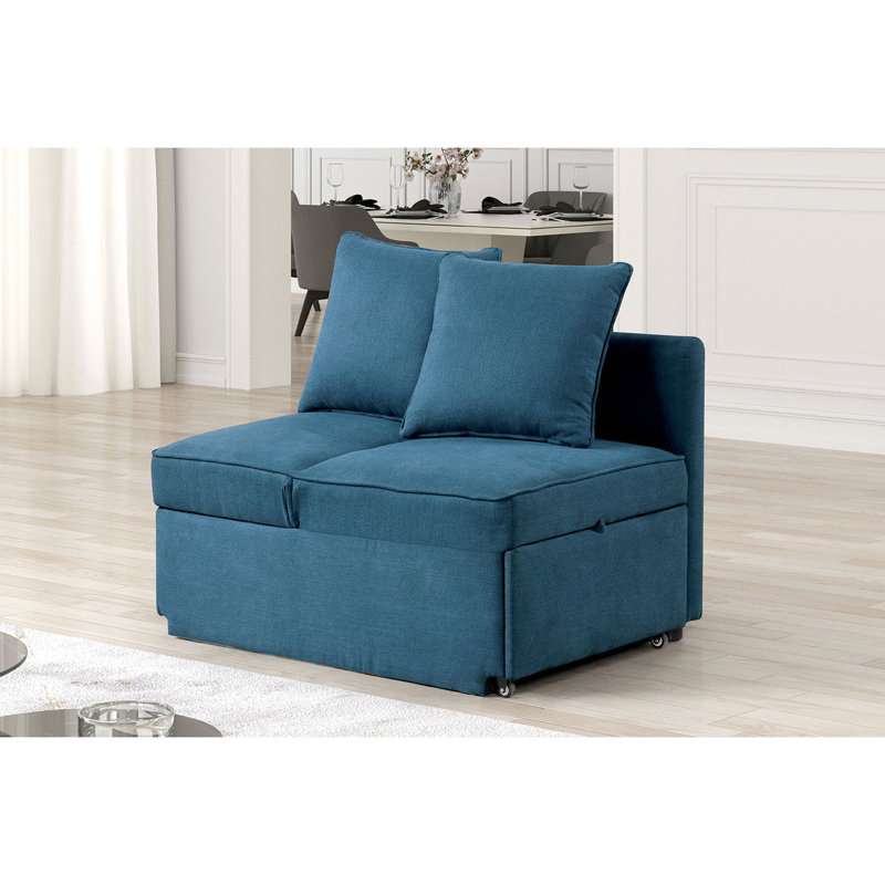 Chaise convertible en tissu bleu dans le salon: réglable, coussins, siège de rangement, chaise de style moderne: bleu, tissu, rangement, transitionnel
