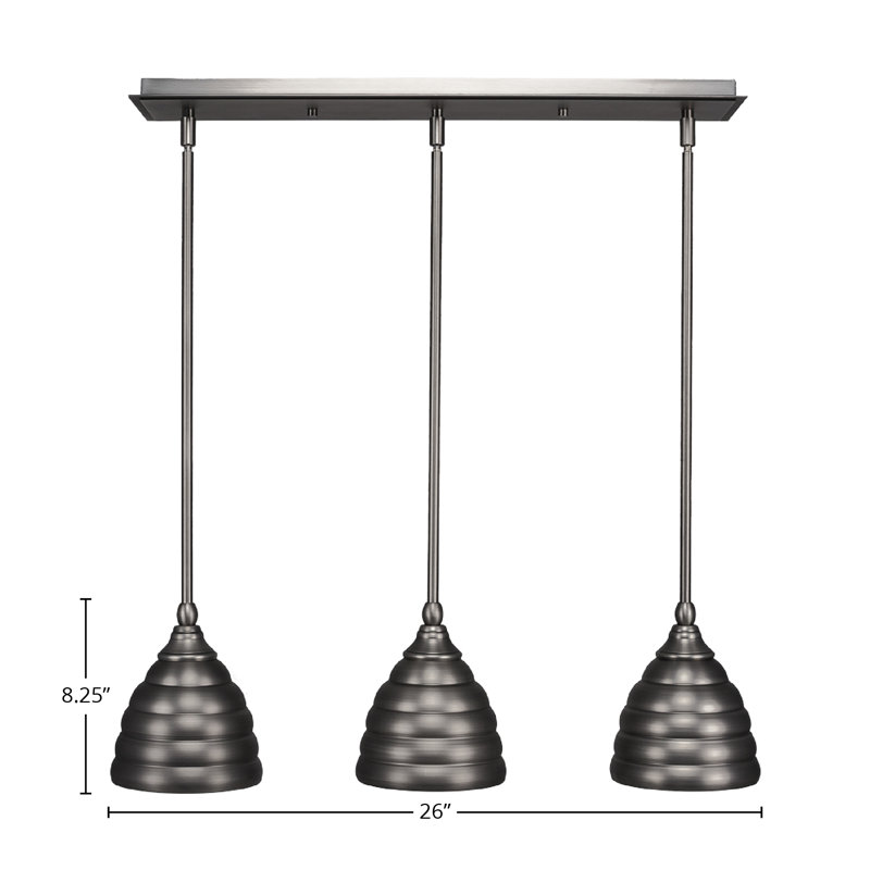 3 Light Stem Hung Linear Pendalier With 6" Beehive Metal Shade, Brushed Nickel