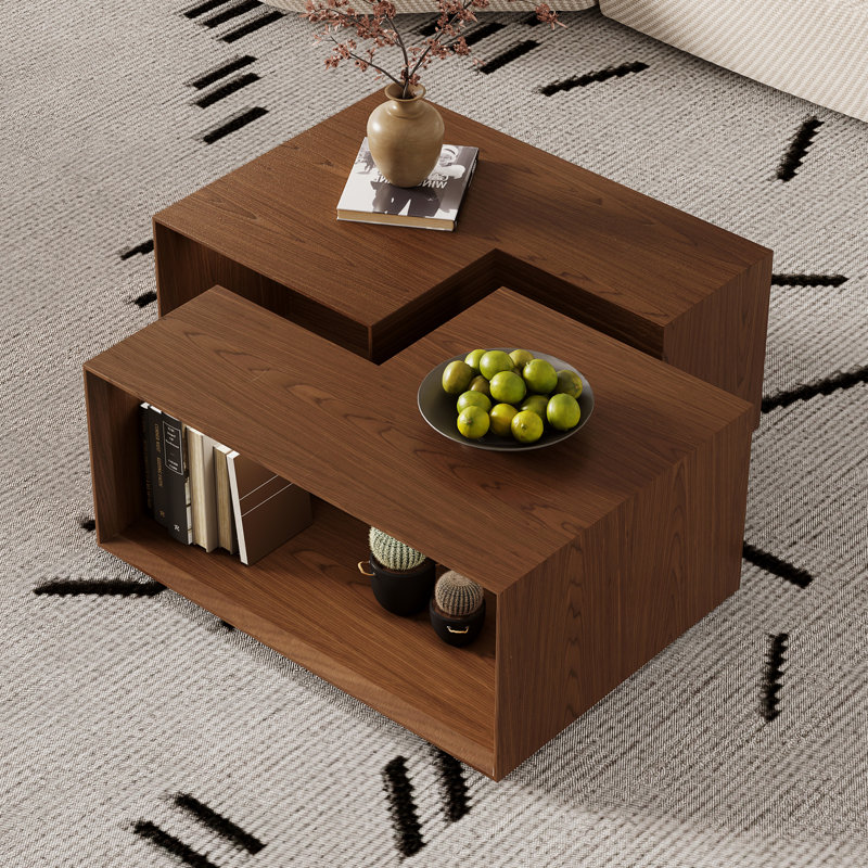 53.2'' Modular Wood Coffee Table- Convertible to Square/Rectangle, Minimalist Side Table with Wood Grain Veneer, Adjustable Configuration, 2 Pieces