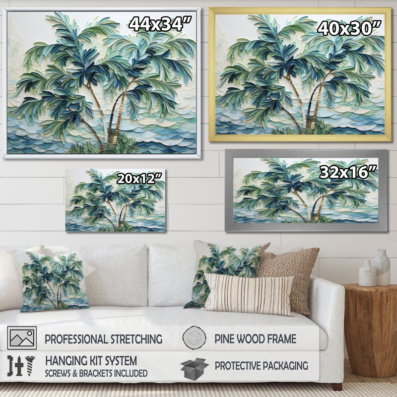 «Green Minimalims Palm Trees» - reproduction d'art sur toile Palm Trees, H 16 po x l 32 po x P 1 po, Cadre flottant doré