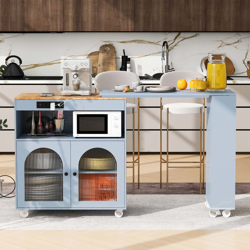 Îlot de cuisine avec table allongée K&K, îlot de cuisine sur roulettes avec lumières DEL, prises de courant et 2 portes en verre cannelé, îlot de cuisine avec compartiment de rangement et 3 tablettes ouvertes latérales, gris