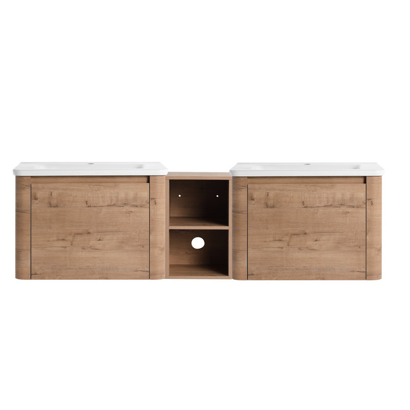 Meuble-lavabo mural 68 po avec lavabo en céramique blanche, 1 porte à fermeture douce, petites tablettes de rangement et style contemporain, meuble-lavabo en contreplaqué, tablettes, polyvalente