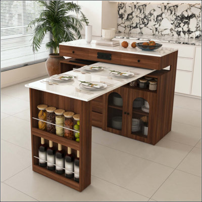 Kitchen Island with Extendable and Rotating Table, Walnut Veneer, and Storage