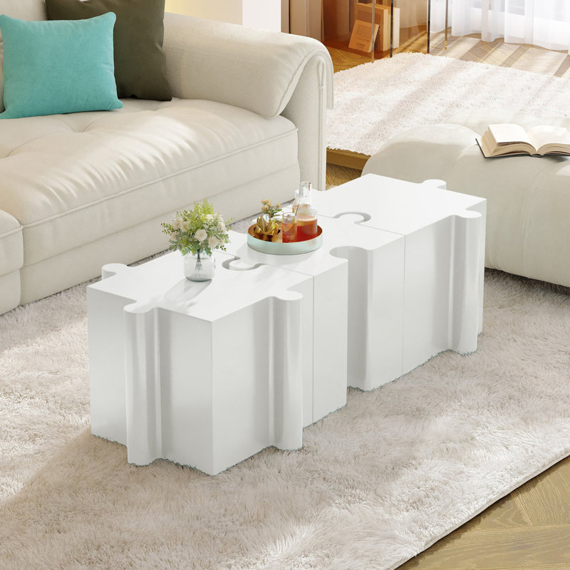 Ensemble de 3 tables de casse-tête artistiques, tables d'appoint modulaires à emboîtement (2 convexes et 1 concave), Blanc