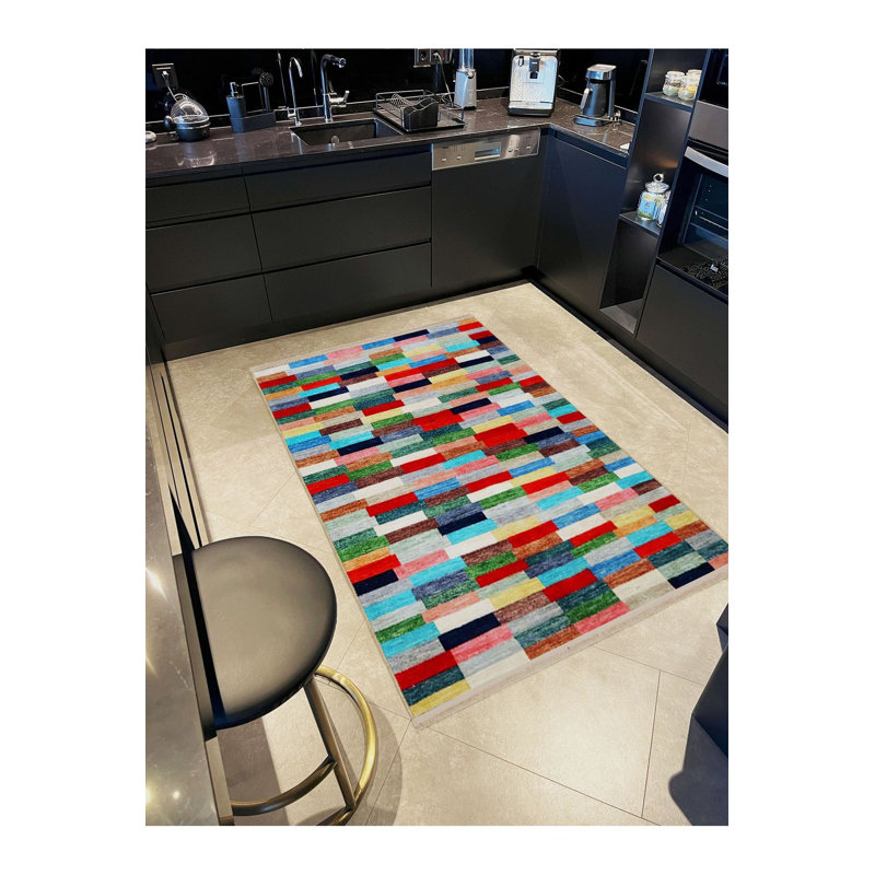 Washable  Multicolor Geometric Patchwork Detail Patterned Modern Decorative Area Rug, Rectangle 2'4" x 3'11" Rug Pad Included