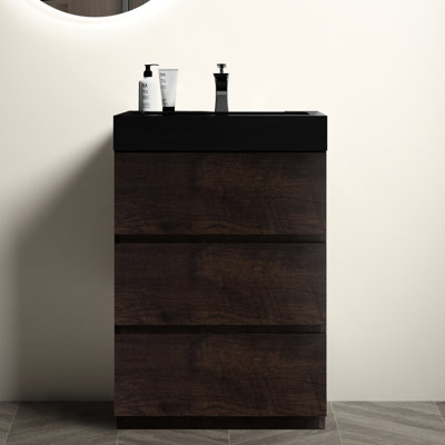 Meuble-lavabo moderne de 61 cm (24 po) en noyer, grande capacité de rangement, lavabo silencieux et lisse