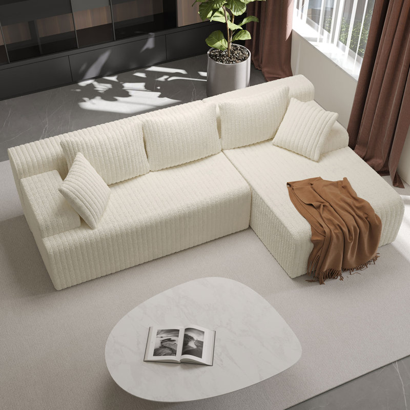 Boneless 96" L-Shaped Boneless Modular Cloud Couch Sectional Sofa, White, Right Hand Facing