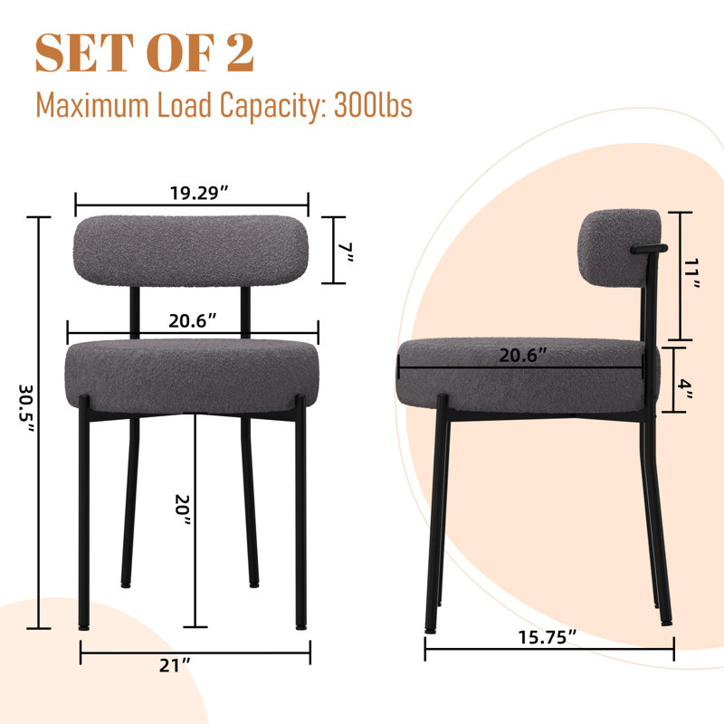 Boucle Dining Chairs Set of 2, Upholstered Dining Chairs with Black Metal Legs, Modern Dining Chair, Dark Gray