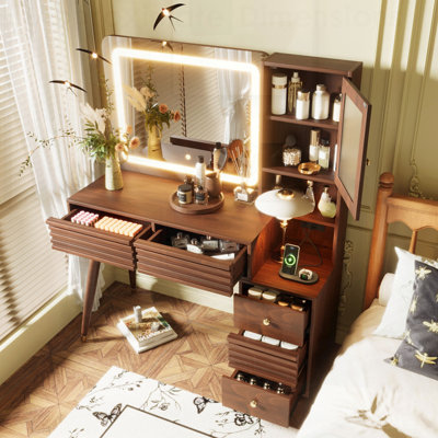 Bureau de maquillage avec miroir, lumières, 5 tiroirs, armoire en verre cannelé et prise de courant pour un rangement élégant et pratique