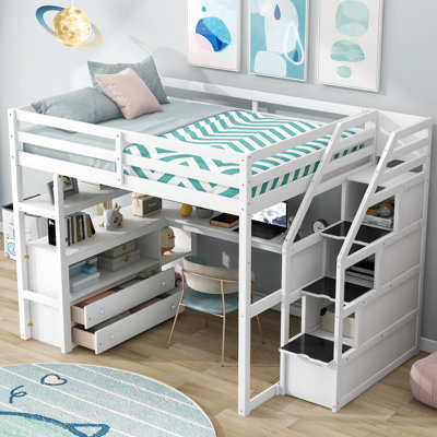 Lit mezzanine double avec bureau, tablettes et percées de rangement - Compléments blancs