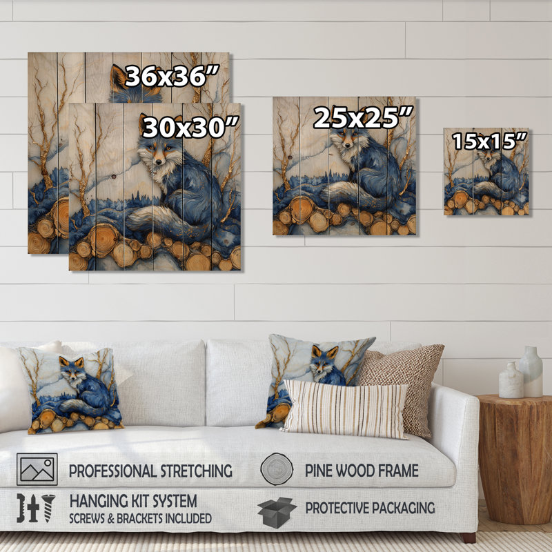 Night Fox By The Lake Landscape  - Fox Animal Wood Wall Art - On Natural Pine Wood, 36" H x 36" W x 0.78" D