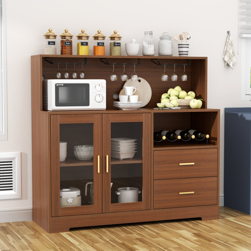 Heugel Wine Bar Cabinet with LED Light, Home Coffee Cabinet with Wine and Glass Rack, Brown